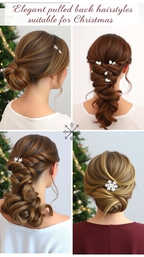 A collection of stylish pulled back hairstyles for Christmas, including a low bun, high ponytail, braided crown, half-updo, and messy bun.